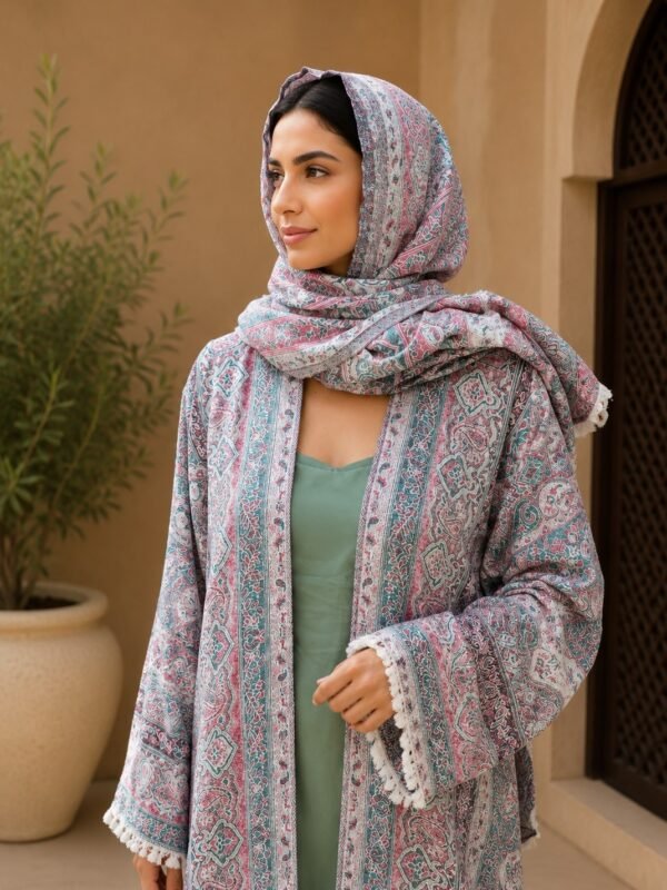 Rinezza Premium Multicolor Paisley Pashmina Open Abaya with Belt & Matching Hijab