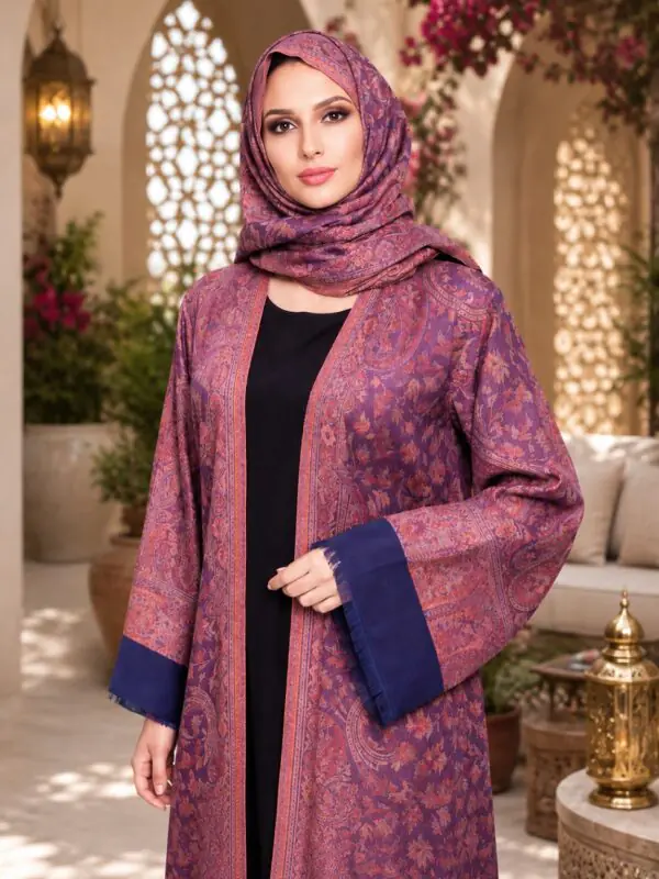 Rinezza Premium Purple Paisley Pashmina Open Abaya with Belt & Matching Hijab