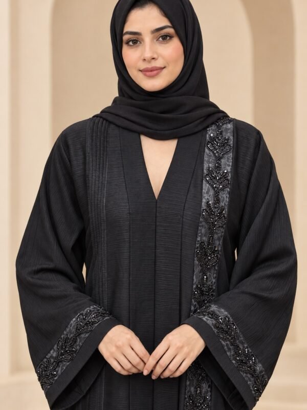 Rinezza Black Floral Embellished Pull-On Abaya with Plain Black Dupatta for Women