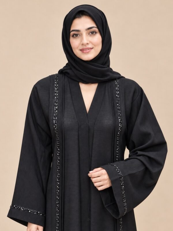 Rinezza Black Embellished Front-Open Abaya with Black Plain Dupatta