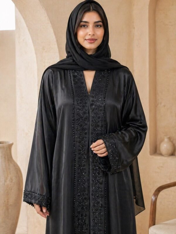 Rinezza Black Embellished Pull-On Abaya with Black Plain Dupatta