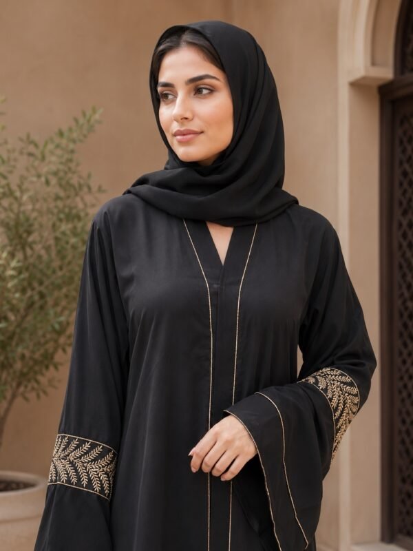Rinezza Black Abaya with Golden Embroidered Sleeves and Dupatta