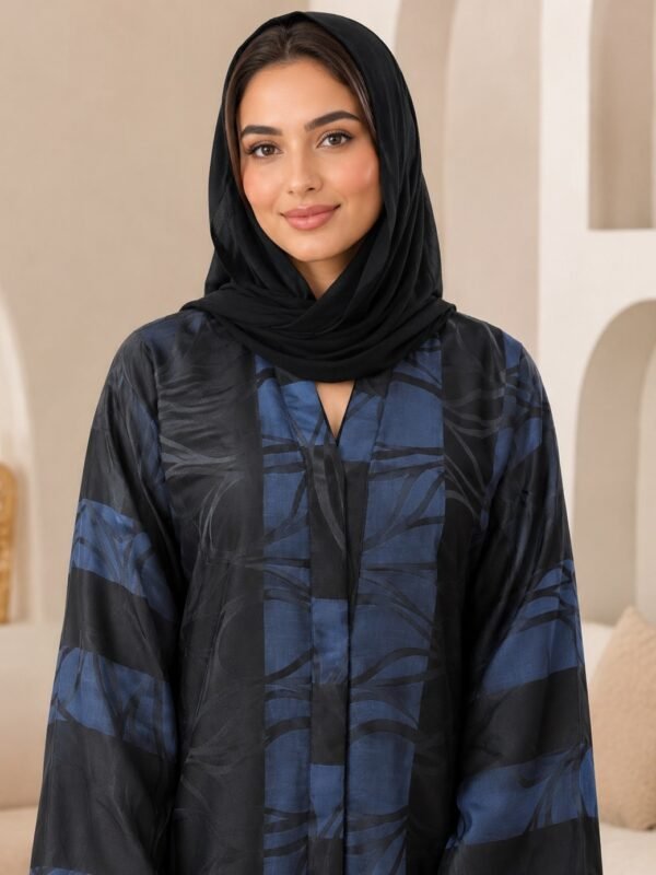 Rinezza Abstract Print Front Open Abaya with Black Plain Dupatta