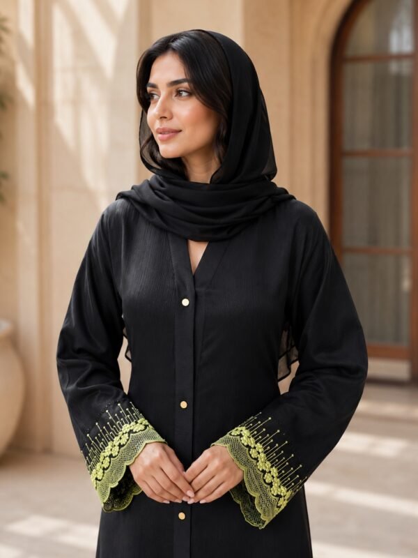 Rinezza Black Front-Open Abaya with Green Floral Lace Sleeves and Dupatta