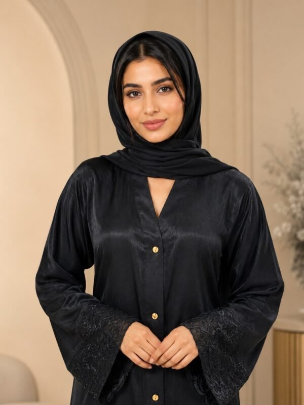 Rinezza Black Front-Open Abaya with Floral Lace Sleeves with Plain Dupatta