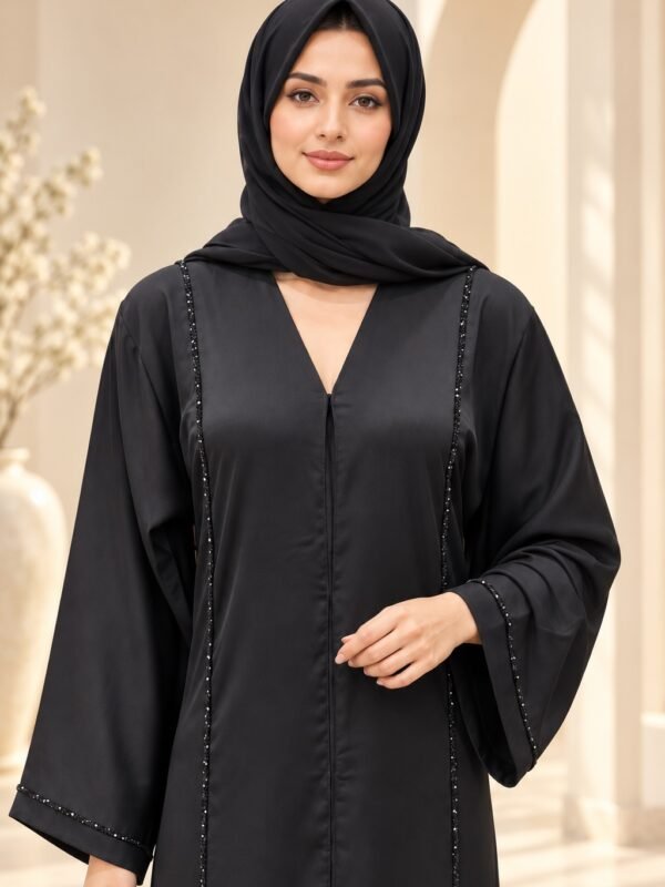 Rinezza Black Front Open Abaya with Embellished Trim & Dupatta