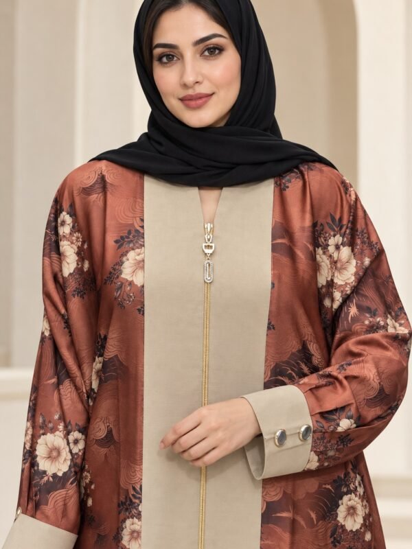 Rinezza Rust Floral Print Zip-Front Abaya with Beige Contrast Panels